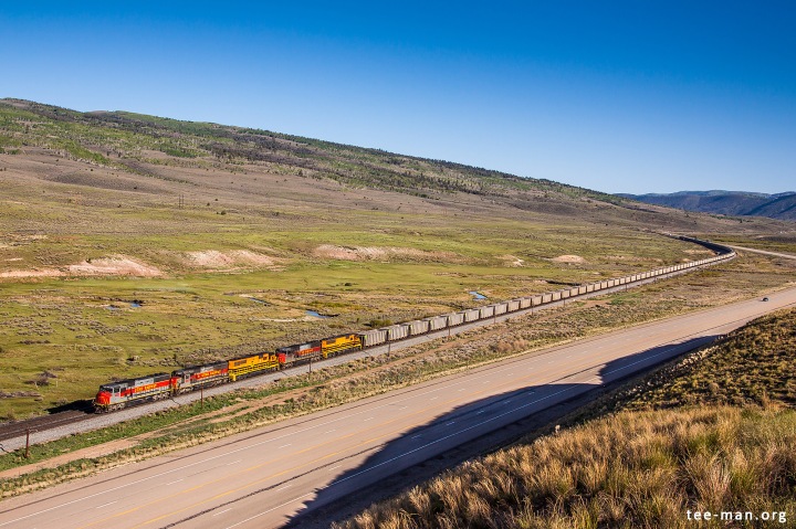 Not aware of the freezing temperature, an empty Utah Railways coal train led by UTAH 5003 passes through Colton. 2.6.2014