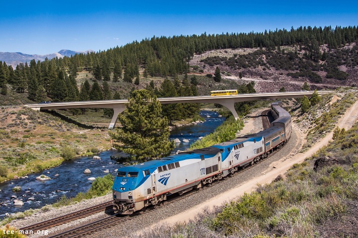 Amtrak's 170 pulls the California Zephyt over Donner Pass. Truckee (CA), 5.6.2014
